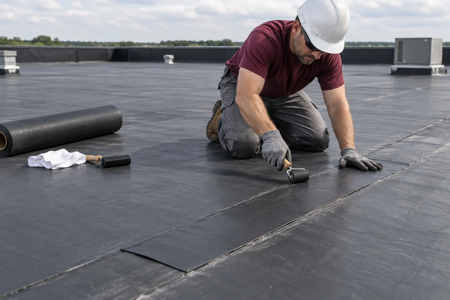 Technician pressing a dark repair strip onto a rubber roof seam