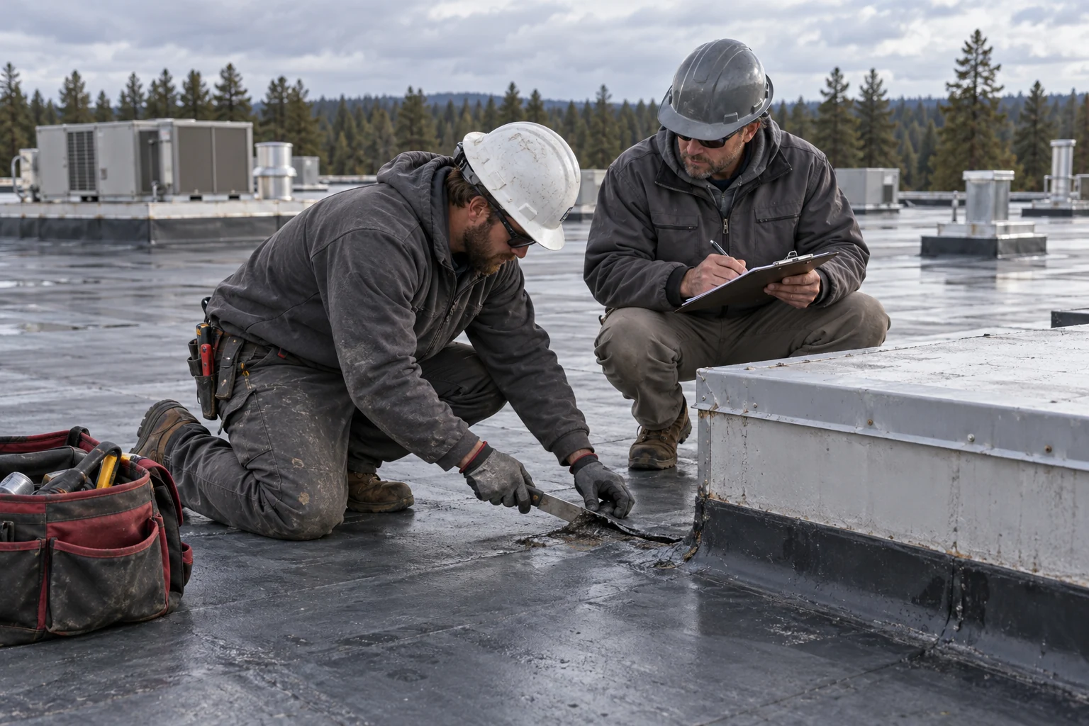 Two technicians examining a seam beside a curb on a commercial flat roof