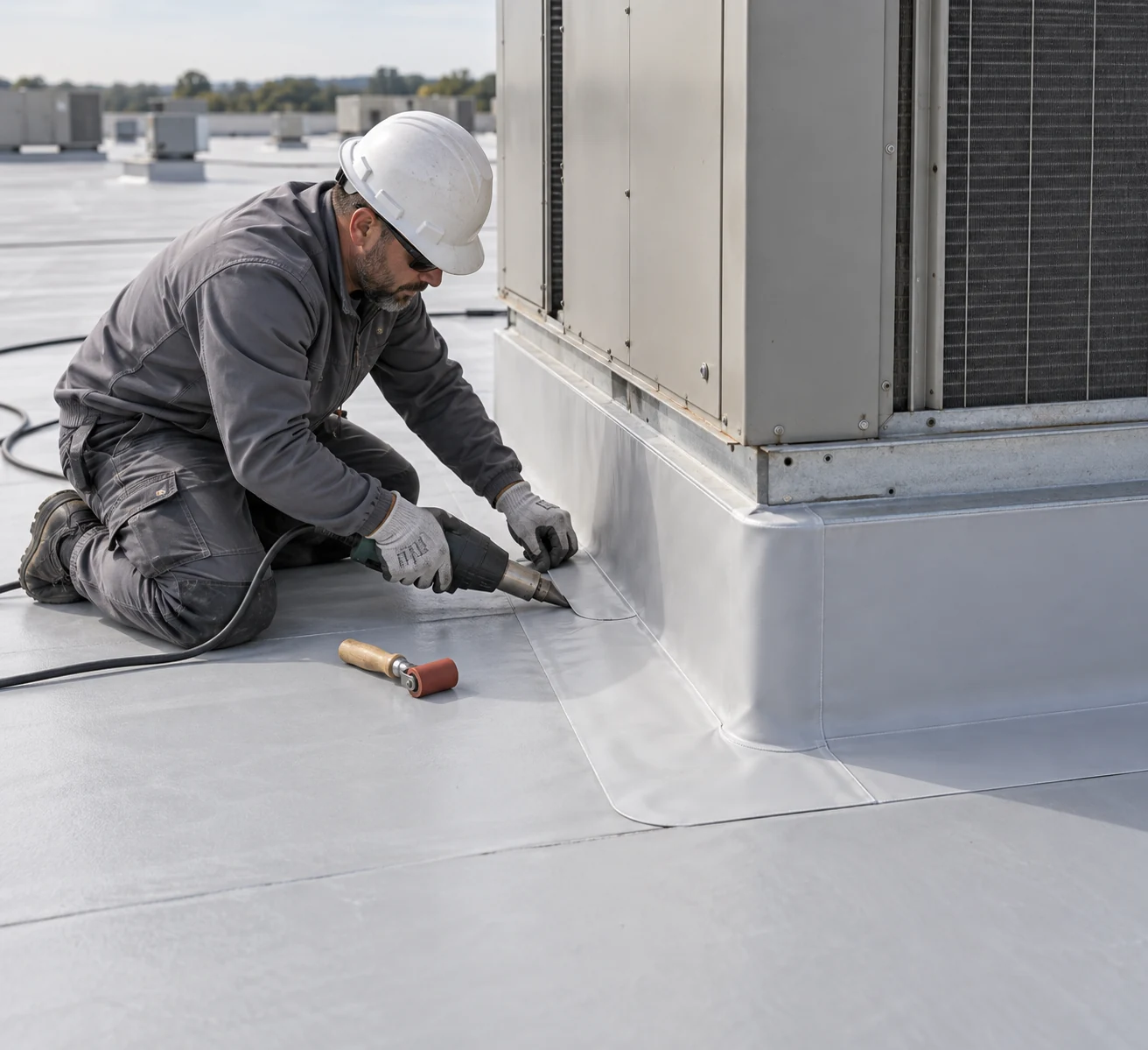 Technician working on gray membrane flashing at a rooftop equipment curb