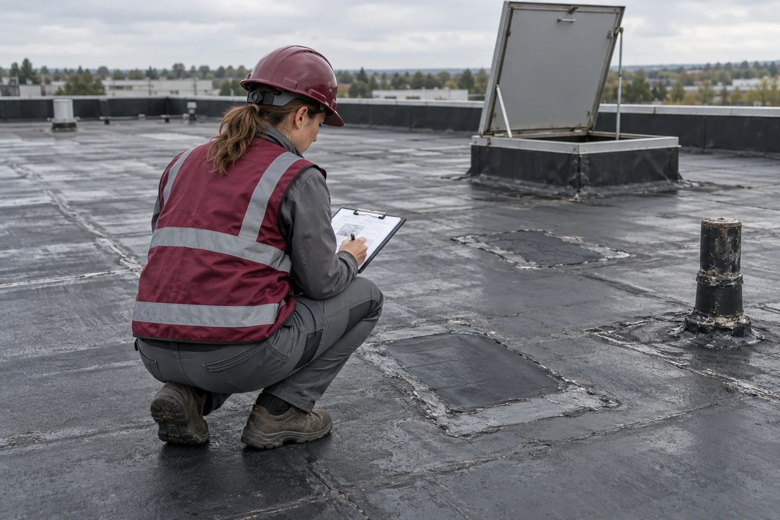 Inspector reviewing old patches on a dark commercial roof membrane