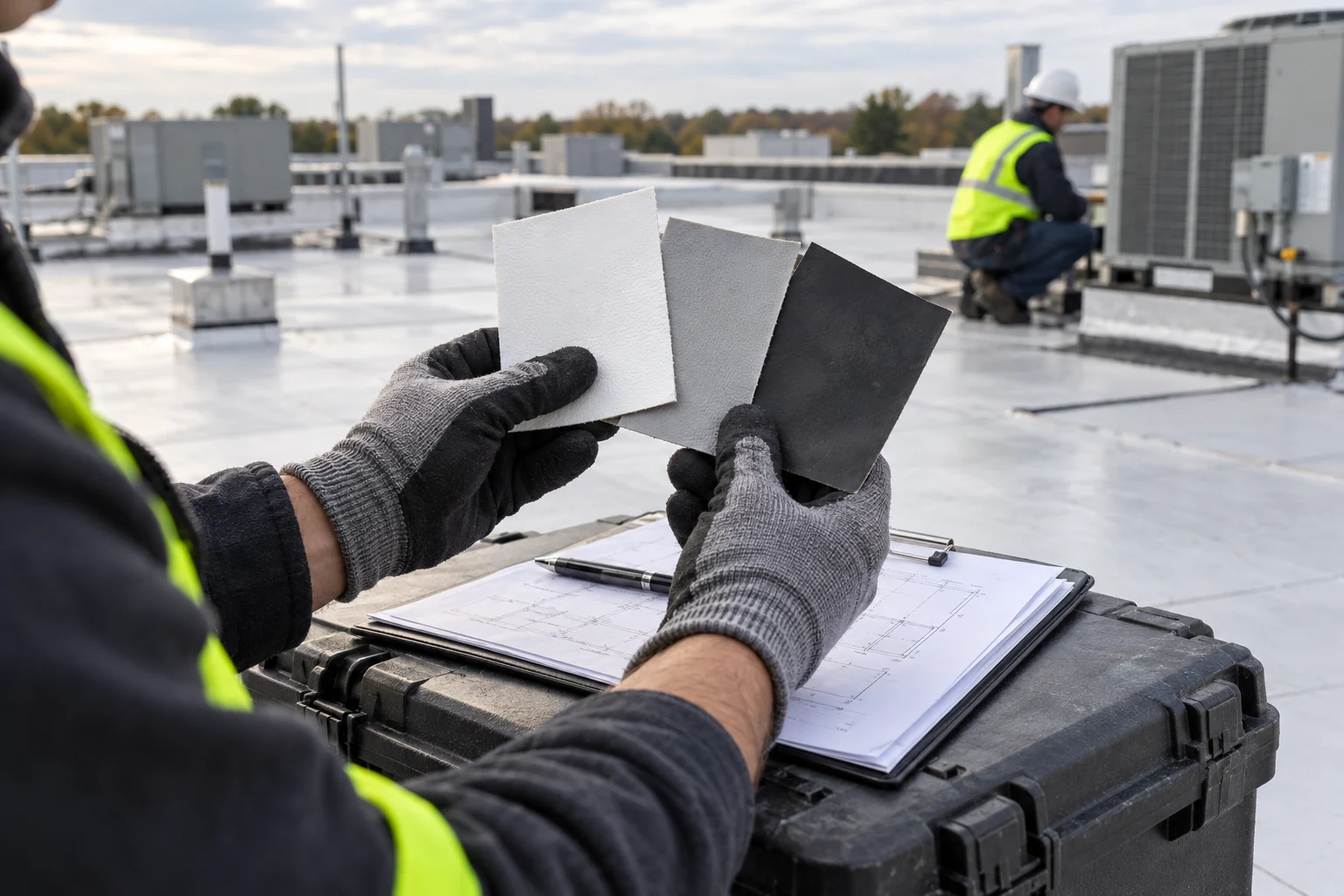 Gloved hands comparing dark and light roofing membrane samples above a roof plan