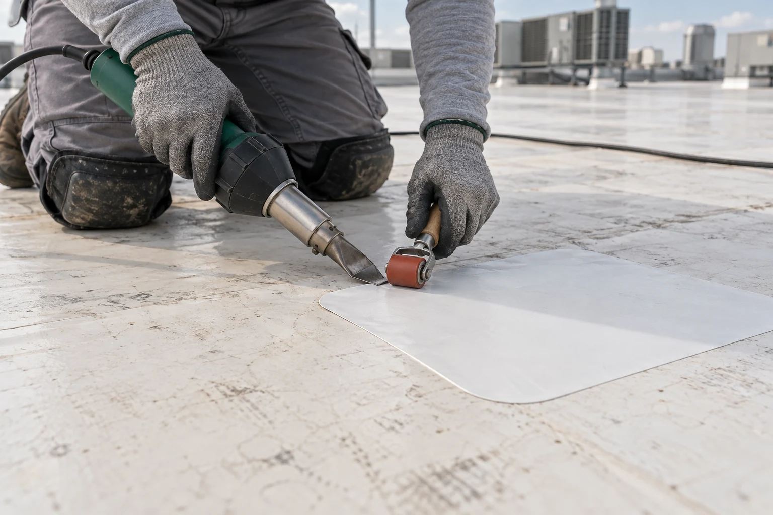 Gloved technician using a roller and hot-air tool beside a white membrane patch